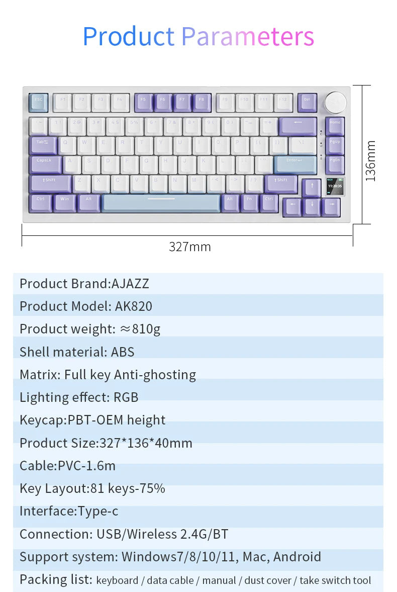 AJAZZ-AK820 Pro teclado mecânico para jogos com tela TFT, botão multifuncional, com fio, 2.4GHz, BT Connect, teclado do PC, AK820